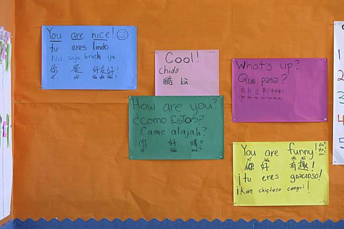 Signs hanging in math class are written in several different languages at International High School in San Francisco, Calif. on Tuesday, September 1, 2009.
