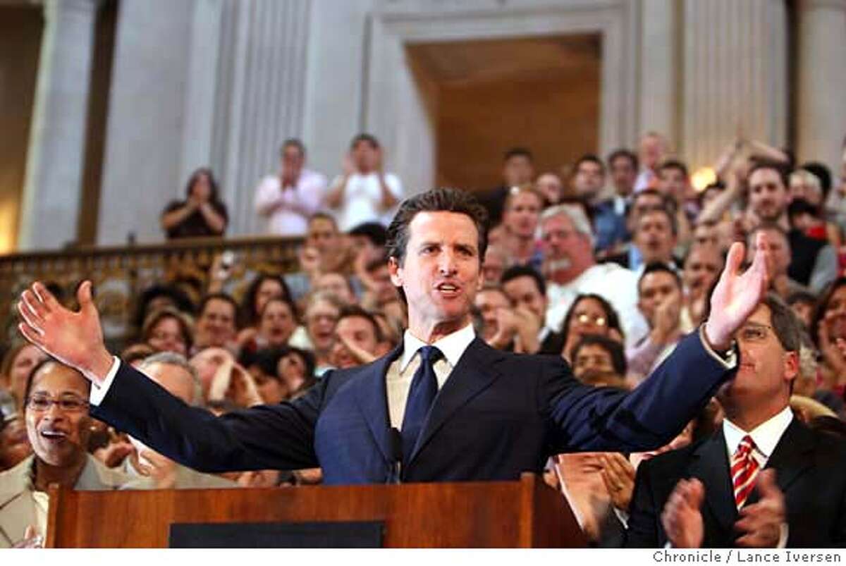 ###Live Caption:San Francisco Mayor Gavin Newsom talks about the California Supreme Court desistion during a press conferance in the City Hall rotunda Wednesday May 15, 2008. The California Supreme Court desistion giving Gays and lesbians constitutional right to marry in California was the buzz at City Hall all day. The state Supreme Court said Wednesday May 15, 2008 in a historic ruling that could be repudiated by the voters in November. In a 4-3 decision, the justices said the state's ban on same-sex marriage violates the "fundamental constitutional right to form a family relationship. Photographed in San Francisco, Calif, By Lance Iversen / San Francisco Chronicle.###Caption History:San Francisco Mayor Gavin Newsom talks about the California Supreme Court desistion during a press conferance in the City Hall rotunda Wednesday May 15, 2008. The California Supreme Court desistion giving Gays and lesbians constitutional right to marry in California was the buzz at City Hall all day. The state Supreme Court said Wednesday May 15, 2008 in a historic ruling that could be repudiated by the voters in November. In a 4-3 decision, the justices said the state's ban on same-sex marriage violates the "fundamental constitutional right to form a family relationship. Photographed in San Francisco, Calif, By Lance Iversen / San Francisco Chronicle.###Notes:Lance Iversen 415-2979395 CQ###Special Instructions:MANDATORY CREDIT PHOTOG AND SAN FRANCISCO CHRONICLE.
