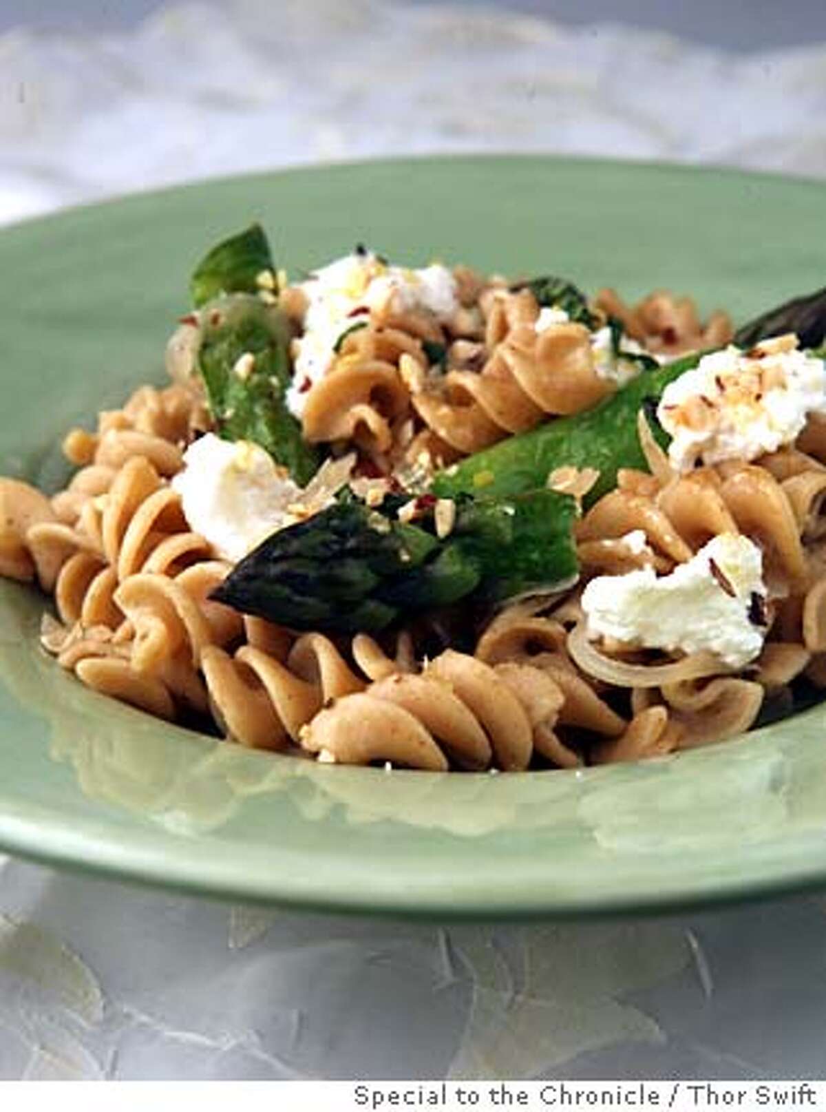 Pasta with sugar snap peas, asparagus ricotta and brown butter, photographed Thursday, April 10, 2008 at the San Francisco Chronicle studio. Thor Swift For The San Francisco Chronicle Styled by Maryann Smitt Ran on: 04-30-2008