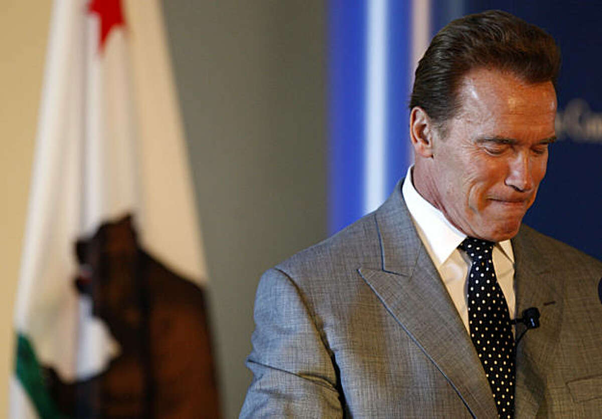 California Governor Arnold Schwarzenegger pauses during his speech to the Commonwealth Club in San Francisco Wednesday Sept 24, 2009 on the third anniversary of AB32 a landmark California law designed to slash greenhouse gases and emissions.