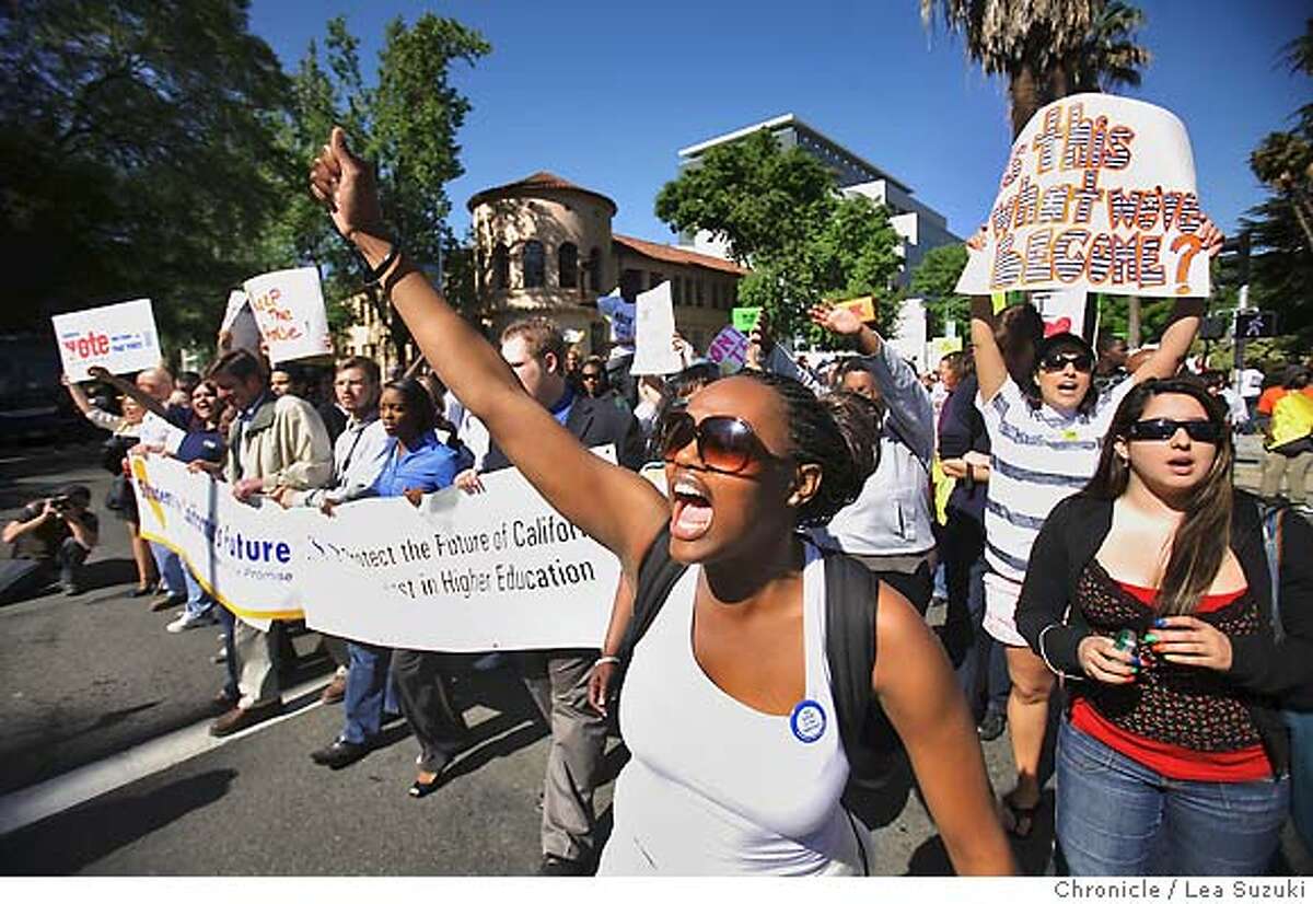 Chiyumba Ossome, 19, of Sacramento State University, chants with other protesters on Monday, April 21, 2008 during the march to the Capitol Building. Approximately 1,000 college students from around the state marched to the Capitol building from Raley Field in protest of proposed budget cuts to higher education in Sacramento, Calif. Photo By Lea Suzuki/ San Francisco Chronicle