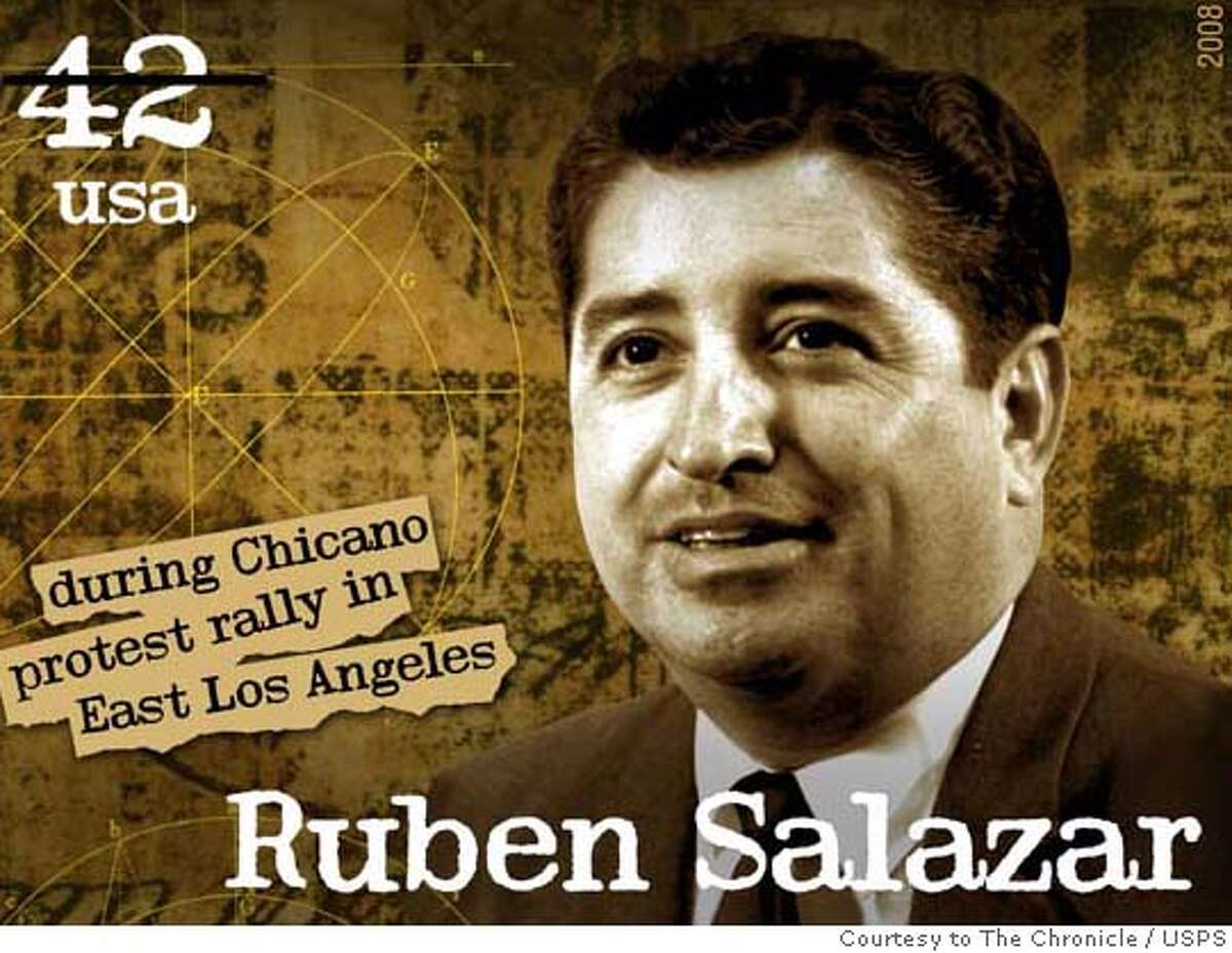 ###Live Caption:Pioneering Mexican American journalist Ruben Salazar, who was killed by a police projectile while covering the Chicano Moratorium against the Vietnam war in 1970, will be honored with a U.S. postage stamp on April 22, 2008. Photo Courtesy © 2007 USPS. All Rights Reserved.###Caption History:Pioneering Mexican American journalist Ruben Salazar, who was killed by a police projectile while covering the Chicano Moratorium against the Vietnam war in 1970, will be honored with a U.S. postage stamp on April 22, 2008. Photo Courtesy � 2007 USPS. All Rights Reserved.###Notes:###Special Instructions:Must use this credit: � 2007 USPS. All Rights Reserved. Stamp Image must be displayed in full color (if the publication is in color) and must be reproduced in its entirety without any additions or deletions. If the stamp Image is reproduced within 75-1