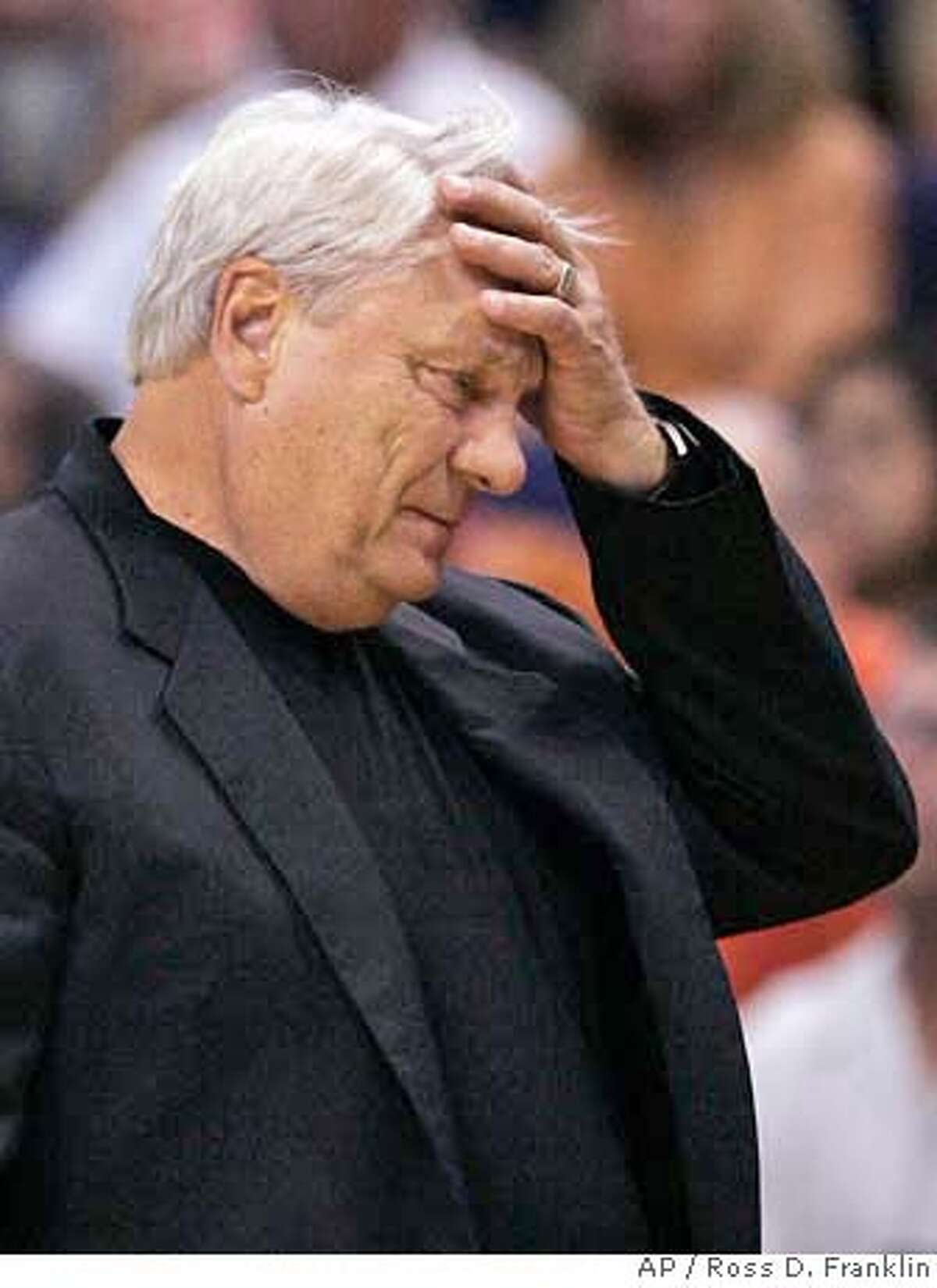 ###Live Caption:Golden State Warriors head coach Don Nelson reacts to the closing moments in the fourth quarter of an NBA basketball game against the Phoenix Suns Monday, April 14, 2008, in Phoenix. The Suns defeated the Warriors 122-116. (AP Photo/Ross D. Franklin)###Caption History:Golden State Warriors head coach Don Nelson reacts to the closing moments in the fourth quarter of an NBA basketball game against the Phoenix Suns Monday, April 14, 2008, in Phoenix. The Suns defeated the Warriors 122-116. (AP Photo/Ross D. Franklin)###Notes:Don Nelson###Special Instructions:EFE OUT