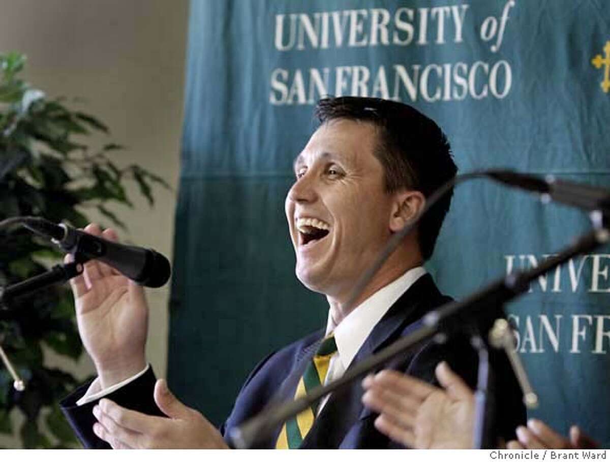 New USF men's basketball coach Rex Walters laughs at a comment by former coach Jim Brovelli. At a news conference on the University of San Francisco campus, new men's basketball coach Rex Walters was introduced on Monday, April 14, 2008. Photo by Brant Ward / San Francisco Chronicle
