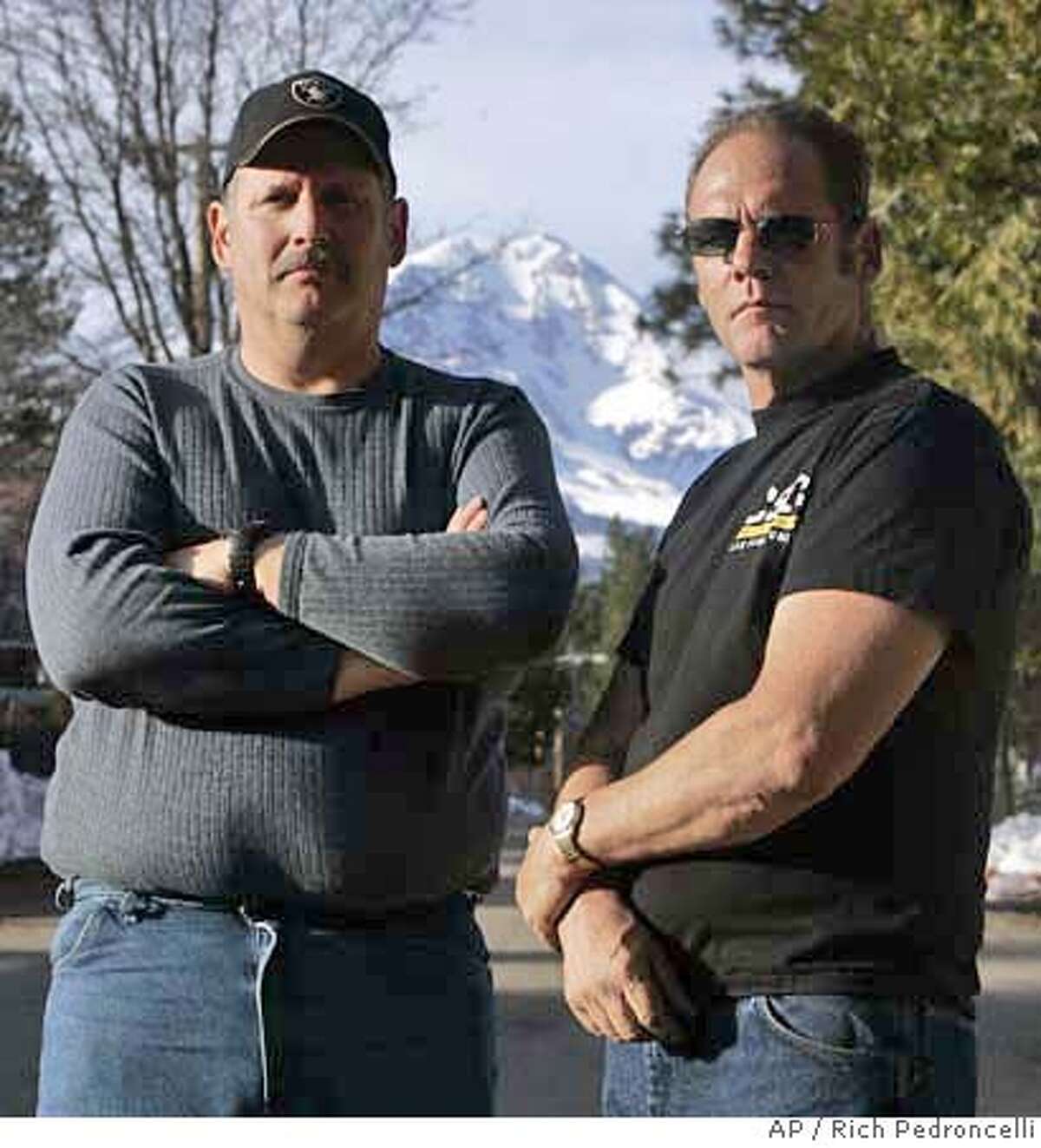 ###Live Caption:With Mt. Shasta looming in the background, Randy and Martin Prinz are seen in McCloud, Calif., Thursday, Feb. 28, 2008. The life-long residents of McCloud , who both used to work at the local lumber mill before it closed in 2003, have mix feelings on a proposed water bottling plant. Randy wants a better deal with the Nestle Waters North America, Inc., then the current one being proposed, while Martin opposes the plant saying he doesn't see how it will benefit the town. (AP Photo/Rich Pedroncelli)###Caption History:With Mt. Shasta looming in the background, Randy and Martin Prinz are seen in McCloud, Calif., Thursday, Feb. 28, 2008. The life-long residents of McCloud , who both used to work at the local lumber mill before it closed in 2003, have mix feelings on a proposed water bottling plant. Randy wants a better deal with the Nestle Waters North America, Inc., then the current one being proposed, while Martin opposes the plant saying he doesn't see how it will benefit the town. (AP Photo/Rich Pedroncelli)###Notes:###Special Instructions: