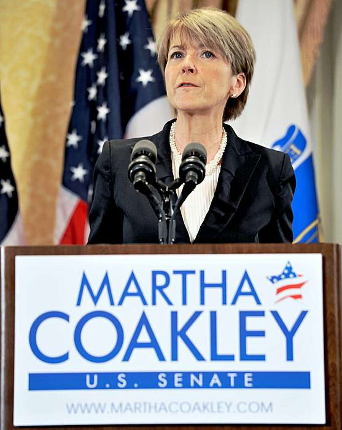 Massachusetts Attorney General Martha Coakley speaks to reporters in Boston, Thursday, Sept. 3, 2009, where she declared herself a Democratic candidate in the special election to succeed the late Sen. Edward M. Kennedy. Kennedy died last week of brain cancer at age 77. (AP Photo/Josh Reynolds)