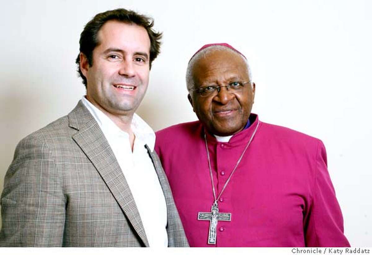 Mark Tauber, left, the 39-year-old publisher at HarperOne, the religious imprint of HarperCollins, has just signed Archbishop Desmond Tutu, right, to write a book about the Bible. They met briefly at Grace Cathedral, in San Francisco, Calif. on Tuesday, April 8, 2008. Photo by Katy Raddatz / San Francisco Chronicle