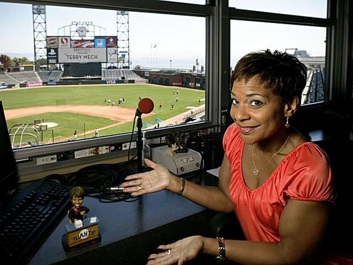 Renel Brooks-Moon, seen sitting in her workspace at ATT Park in San Francisco, Calif. on Friday, Aug. 21, 2009, is the SF Giants PA announcer.