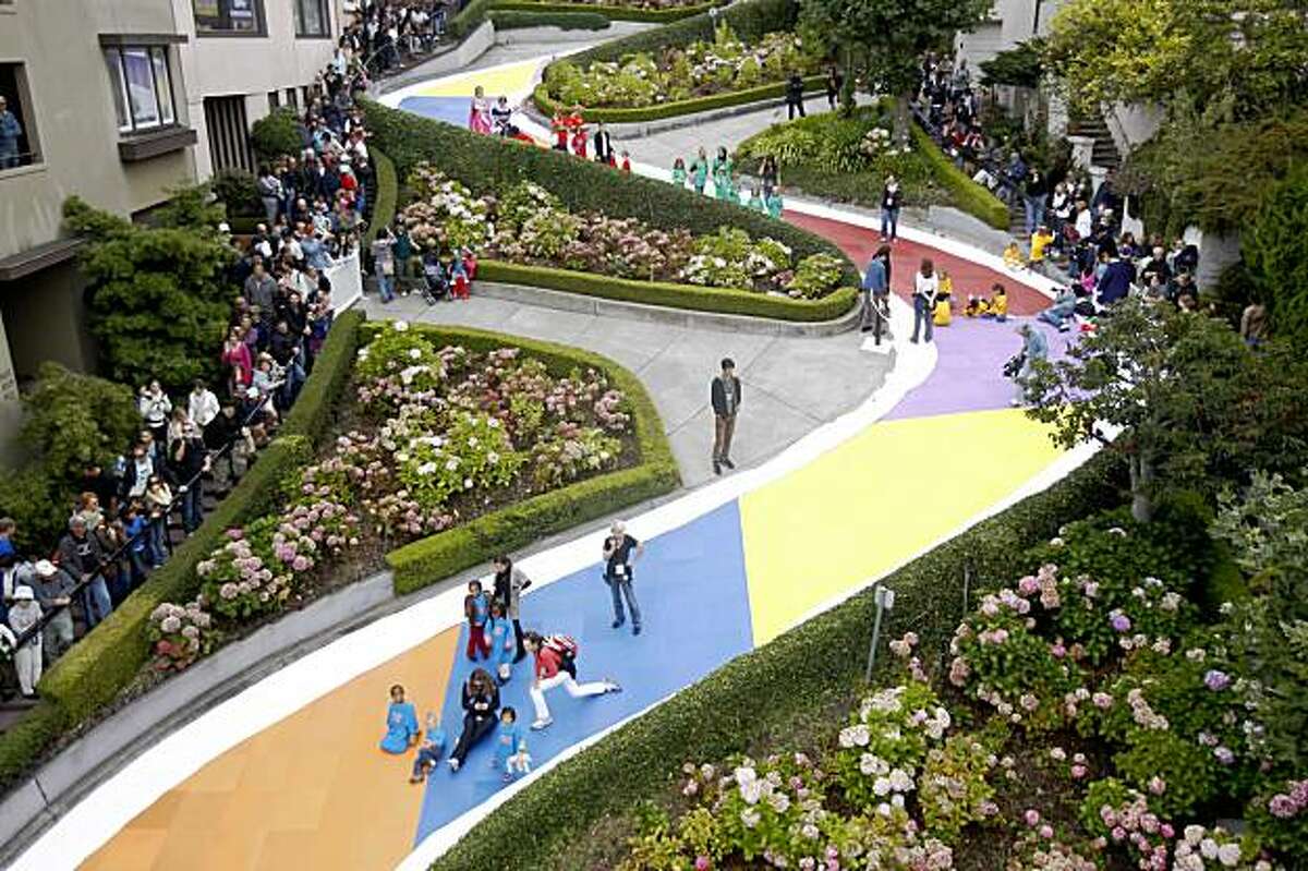 Lombard Street between Leavenworth and Hyde Streets was turned into a Candy Land board game to celebrate it's 60th birthday in San Francisco, Calif. on Wednesday, August 19, 2009.