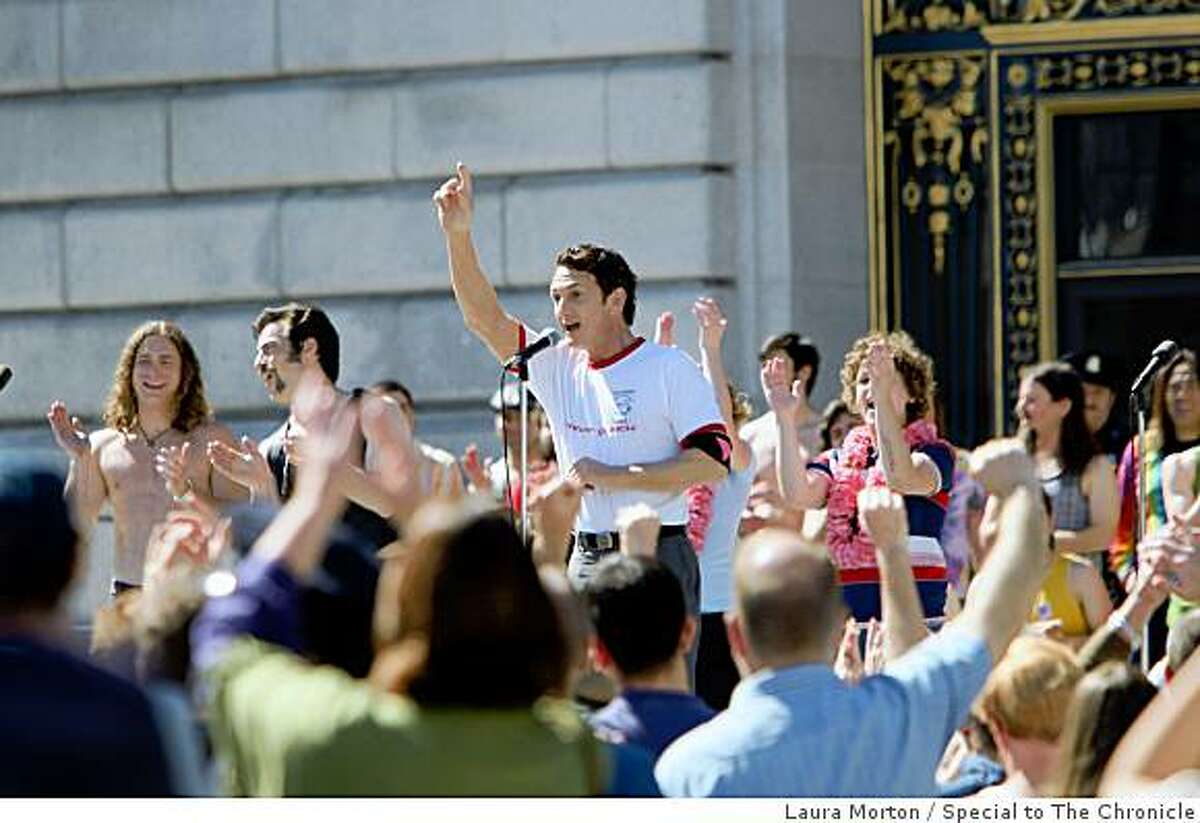 Sean Penn plays Harvey Milk on the set of the movie "Milk" at Civic Center Plaza in San Francisco, Calif. on Sunday, March 09, 2008.