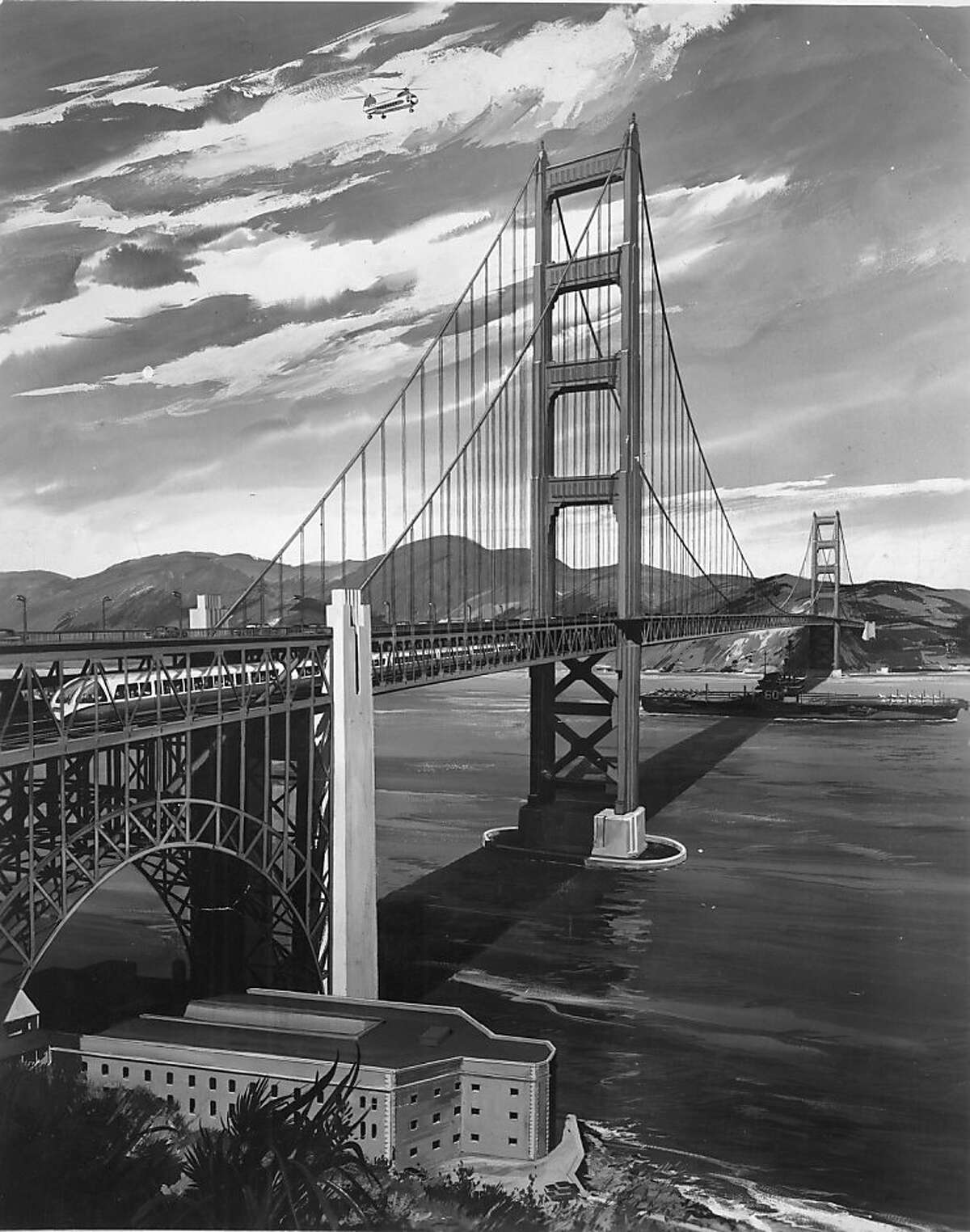 insight02_holiday03.jpg This BART illustration shows a rapid transit train on the double-decked Golden Gate Bridge. East Bay Rapid Transit 1961 Chronicle File