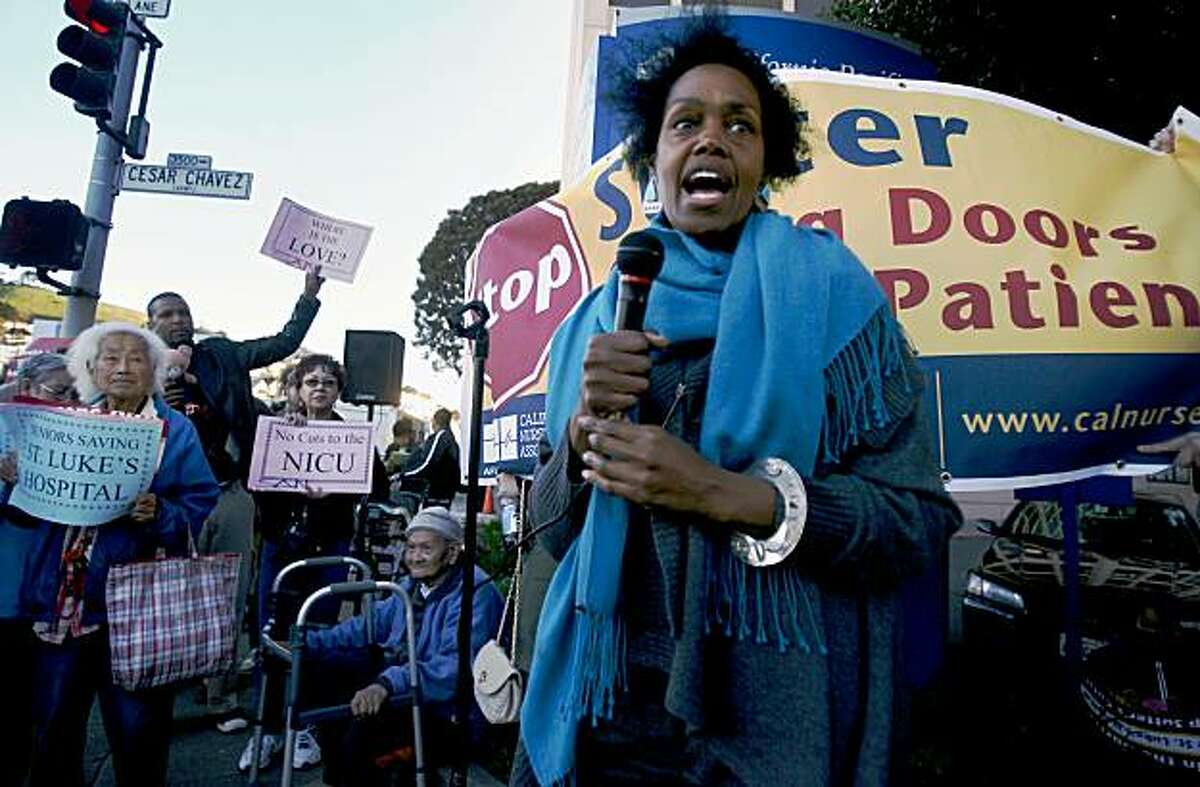 San Francisco Supervisor Sophie Maxwell adresses the crowd as a coalition of groups representing patients, doctors, nurses, neighbors and seniors gather in front of St. Luke's Hospital in San Francisco on Feb. 13, 2008 to protest the planned downgrading of the facility's neo-natal intensive care unit and longterm proposal to close St. Luke's as a hospital. Photo by Kim Komenich / San Francisco Chronicle