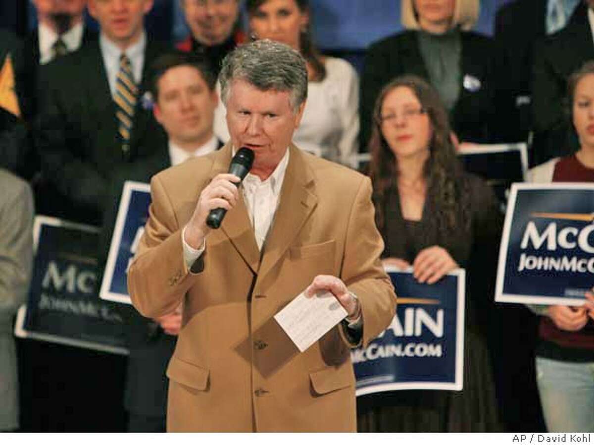 Local radio talk show host Bill Cunningham speaks to Sen. John McCain supporters before the Republican presidential hopeful's arrival at a campaign event at Memorial Hall Tuesday, Feb 26, 2008, in Cincinnati. Cunningham referred repeatedly to Democratic presidential hopeful Sen. Barack Obama, D-Ill., using his middle name Hussein, and called the Democrat a "hack, Chicago-style" politician, comment McCain quickly denounced and apologized for upon his arrival. (AP Photo/David Kohl)
