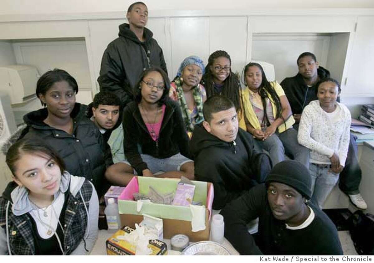 LEAD05_003_KW.JPG Excel High School 9th and 10th grade students from Ina Bendich's law academy class, (FRONT) Marla Monterroso, left, and Robert Brigham, right, (MIDDLE ROW L to R) Joyce Ominiona, Kalifa Mohamed, Jamelah Isaac and Juan Hernandez (BACK ROW L to R) Rocky Edwards, Kiyana Jones, Terranisha Nathaniel, De'Anna Young, Askari Smith and Whitney Aiken, who tested the air around the school for lead for an environmental law project and found lead, pose for a portrait in their classroom on Monday, February 4, 2008 in Oakland, Calif.. Photo by Kat Wade Marla Monterroso, left, and Robert Brigham, right, (MIDDLE ROW L to R) Joyce Ominiona, Kalifa Mohamed, Jamelah Isaac and Juan Hernandez (BACK ROW L to R) Rocky Edwards, Kiyana Jones, Terranisha Nathaniel, De'Anna Young, Askari Smith and Whitney Aiken (CQ, Teacher, Ina Bendich) Mandatory Credit for photographer, Kat Wade No Sales/Mags out