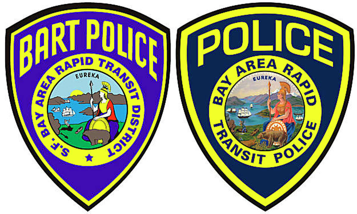 This combined image shows the old BART police logo on the left and the new one on the right.