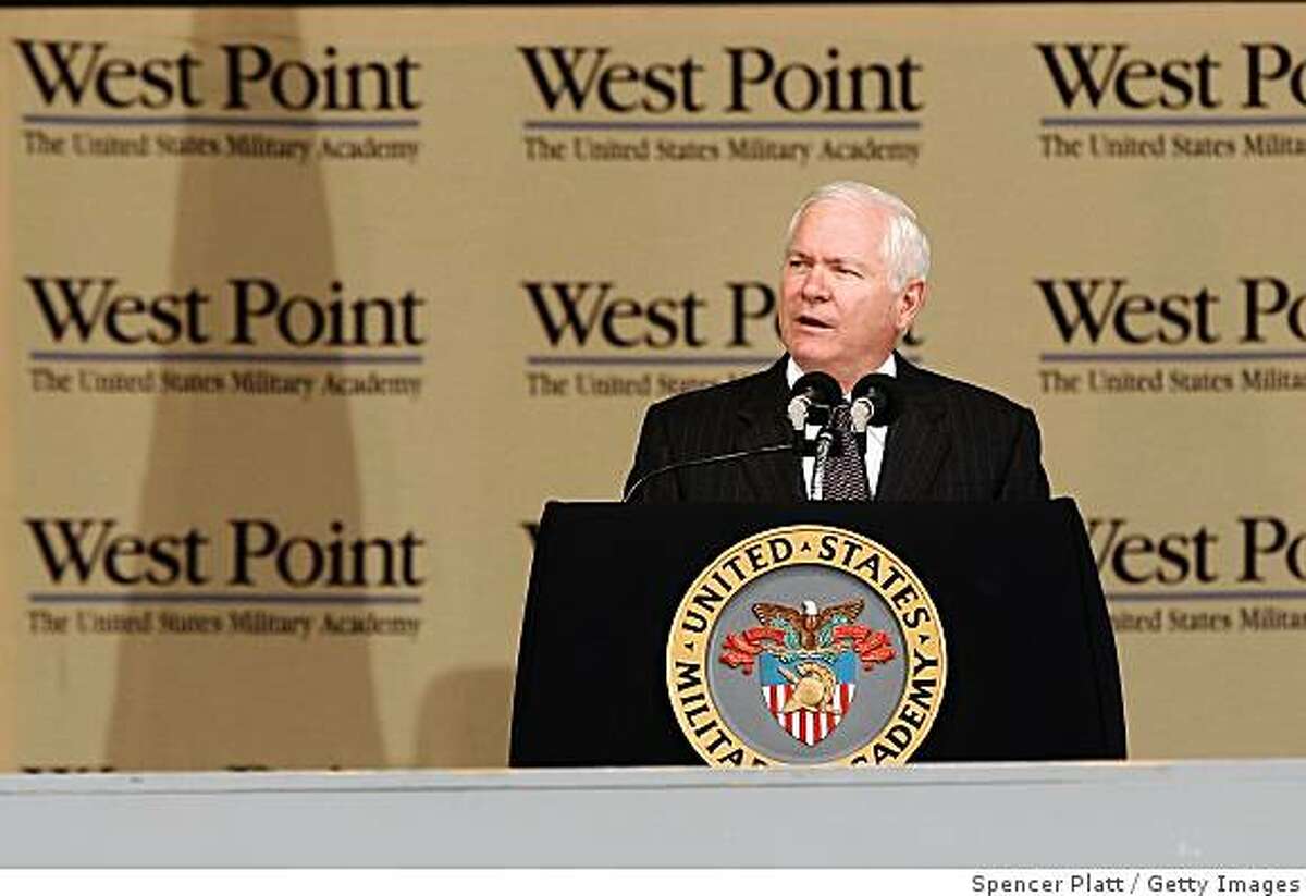 WEST POINT, NY - MAY 23: Secretary of Defense Robert Gates addresses the cadets in the graduating class of the United States Military Academy at West Point participate in commencement exercises on May 23, 2009 in West Point, New York. Secretary of Defense Gates gave the commencement speech to the 970 graduates at the elite military academy. (Photo by Spencer Platt/Getty Images)