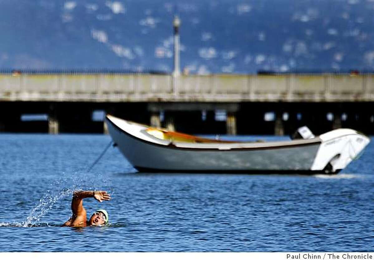 A swimmer braves the chilly water at Aquatic Park in San Francisco, Calif., on Wednesday, May 20, 2009. An environmental group's recent study on beach quality shows an improvement at Aquatic Park from pass years.