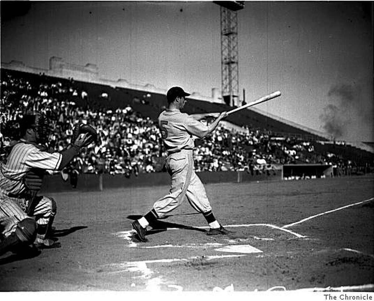 Joe DiMaggio, big swing at Seal Stadium, San Francisco, Nov. 1939.