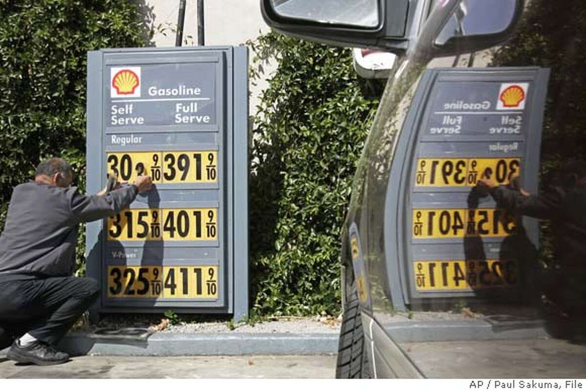 **FOR USE AS DESIRED WITH YEAR END-FILE** Gas station attendant Toke Fusi puts up higher gas prices at the Menlo-Atherton Shell gas station in Menlo Park, Calif., in this Sept. 19, 2007 file photo. (AP Photo/Paul Sakuma, file) SEPT. 19, 2007 FILE PHOTO