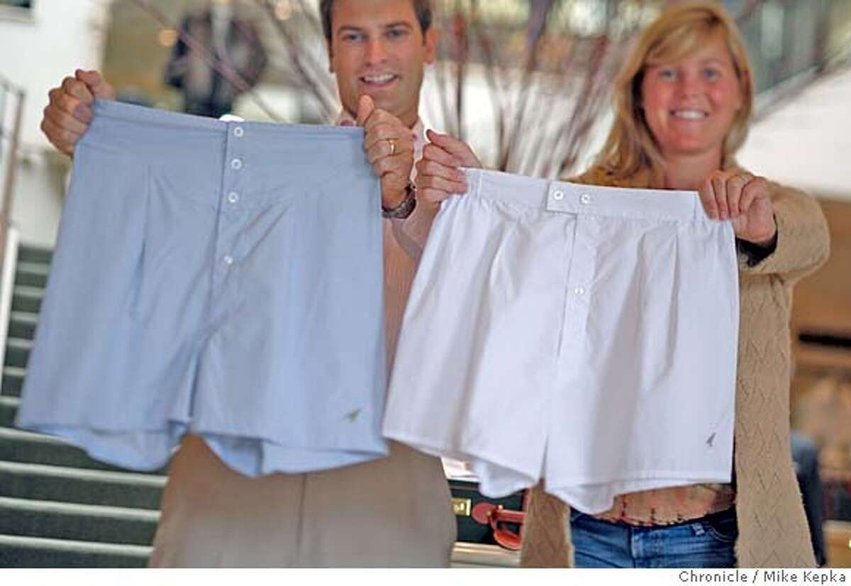 Michael and Megan Papay, of Sausalito, Calif., run a small company called Birds Boxers which manufactures custom fit mens boxers. The boxers can be found at 6 stores nationwide including Gene Hiller in Sausalito, shown hear, and retail for around $76 a pair and feature custom waist sizes, hand made mother-of-pearl buttons and a 2 ply fabric where it counts most. Mike Kepka / The Chronicle Photo taken on 11/8/07, in sausalito, CA, USA MANDATORY CREDIT FOR PHOTOG AND SAN FRANCISCO CHRONICLE/NO SALES-MAGS OUT