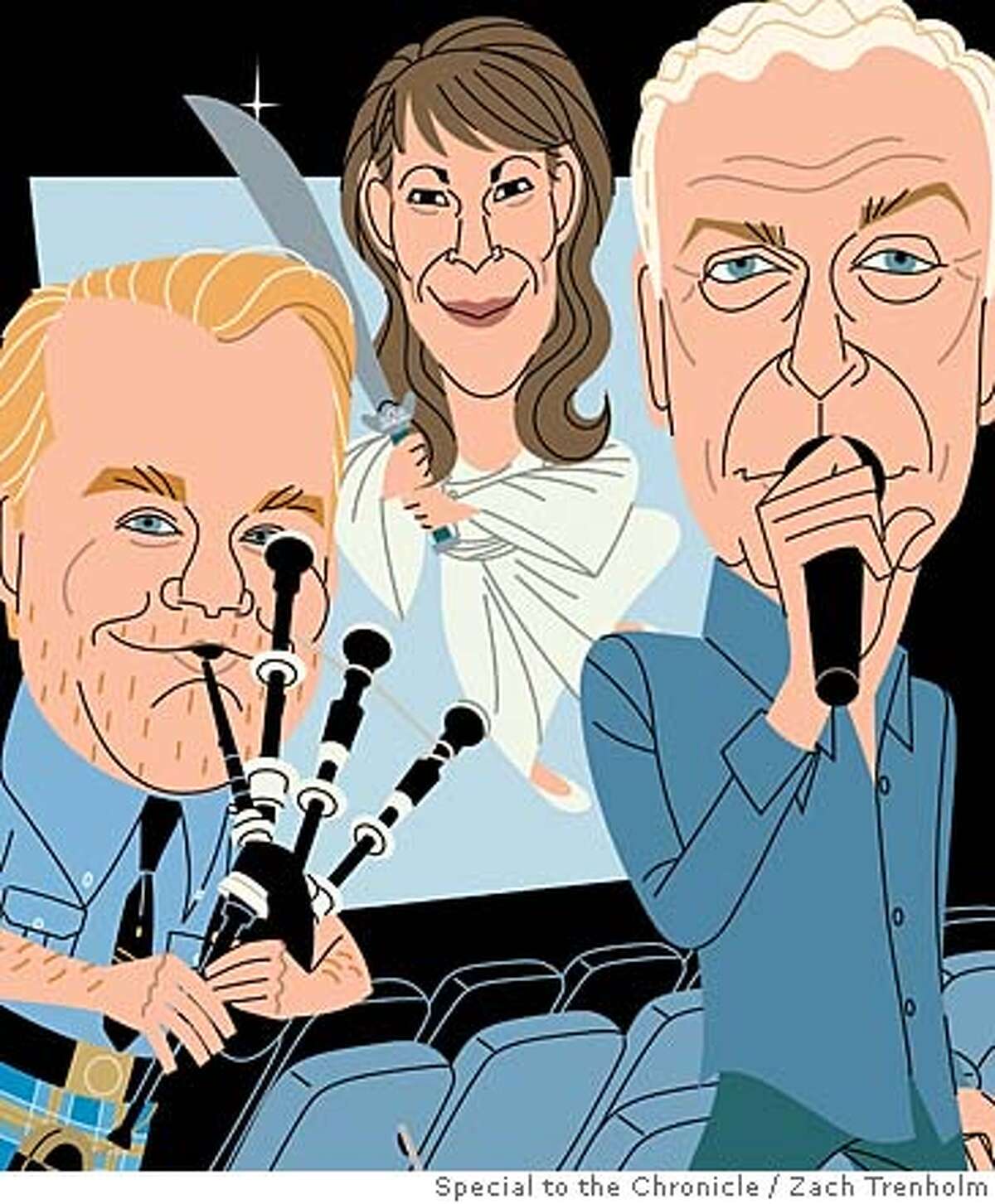Caricatures of character actors (from left): Philip Seymour Hoffman, Lili Taylor and Michael Caine. Illustration by Zach Trenholm, special to the Chronicle