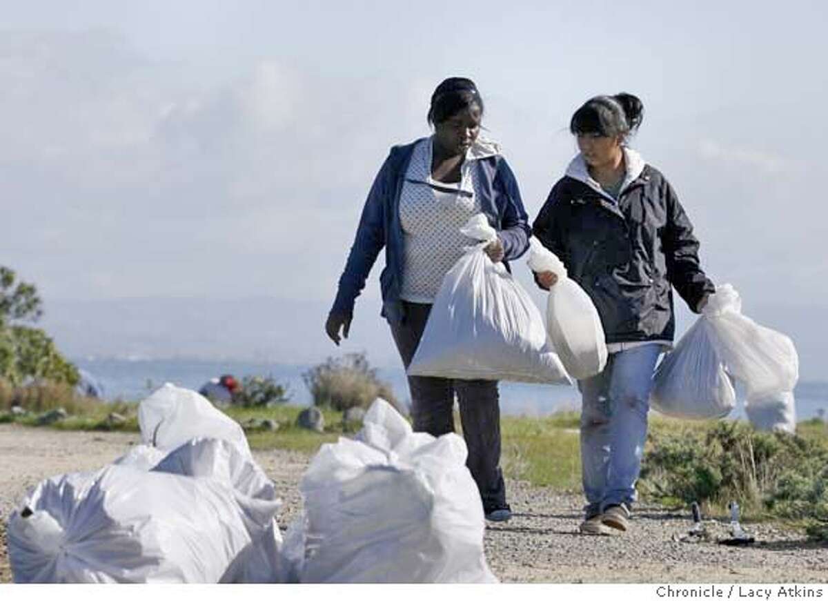 (left to right) Volunteers Charnae Adams and Gabby Moreno both 15 years old gather the bags of weeds and trash that was picked up, Sunday Nov. 11, 2007, at Heron's Head Park in San Francisco, Ca. Photographer: Lacy Atkins /San Francisco Chronicle Photo taken on 11/11/07, in san francisco, CA, USA MANDATORY CREDIT FOR PHOTOG AND SAN FRANCISCO CHRONICLE/NO SALES-MAGS OUT