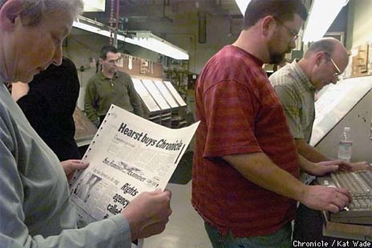 The San Francisco Examiner's Managing Editor of News, Sharon Rosenhause, (left) looks over the remake of page one after the anouncement of the sale of the San Francisco Chronicle to The Hearst Corporation made the new headline of their final edition. Right: Darrren Richardson, the composing room editor and Executive Production editor, Michael Munzell work on the final changes, while in the background Tim Porter, Editor of Examiner.com has a reflective moment. SAN FRANCISCO CHRONICLE PHOTO BY KAT WADE