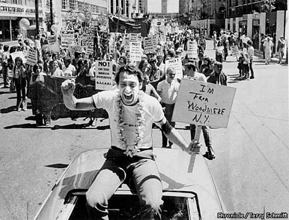 Harvey Milk at the 1978 Gay Freedom Day Parade. Chronicle photo by Terry Schmitt
