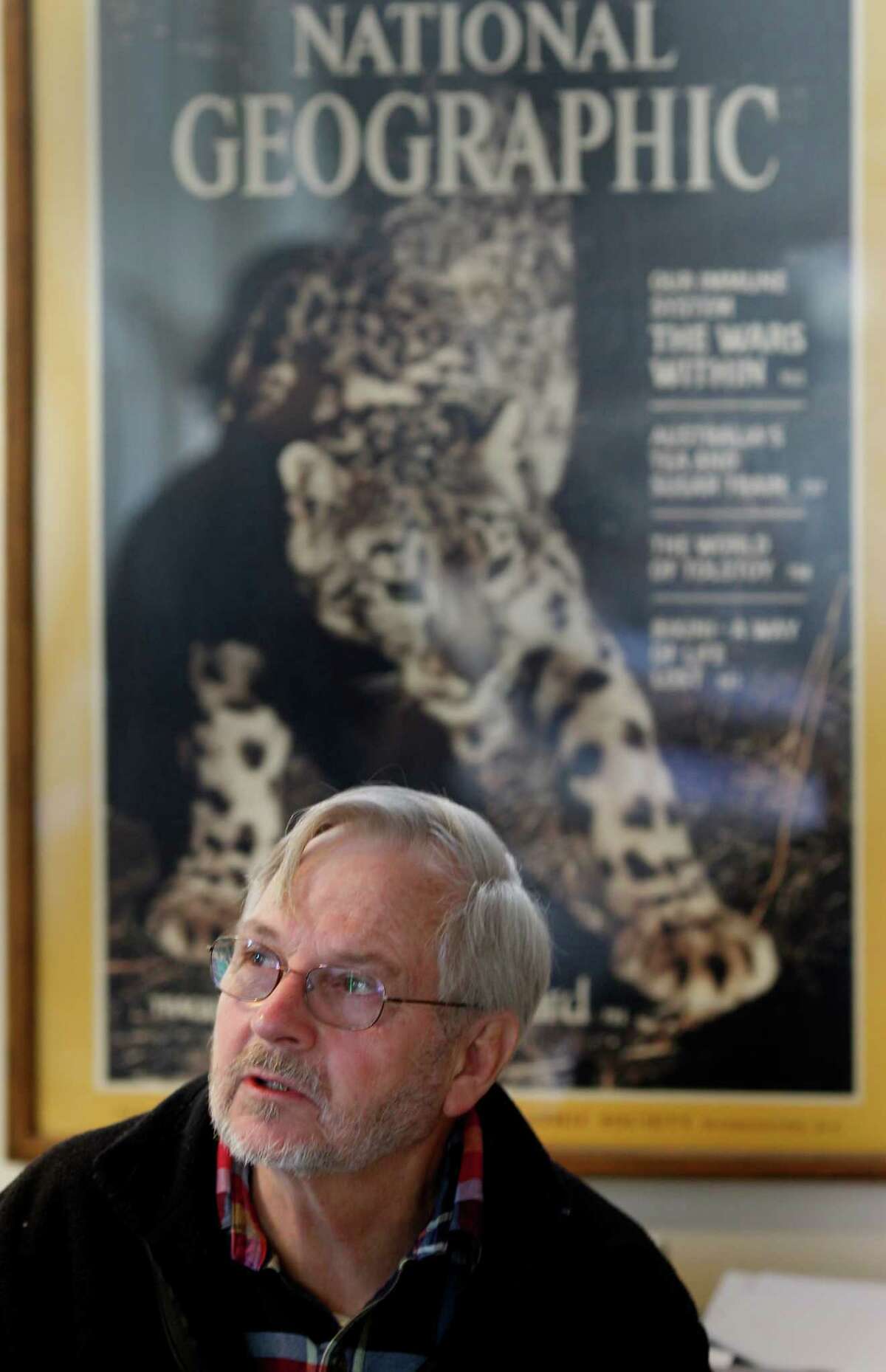 Rodney Jackson in his office with a large blowup of a 1986 National Geographic story with his photo of a snow leopard. Jackson, the world's foremost expert on snow leopards, uses remote camera traps to record the elusive cats in Asia. He uses the same technology near his Sonoma home to watch for mountain lions, bobcats, fox and other animals.