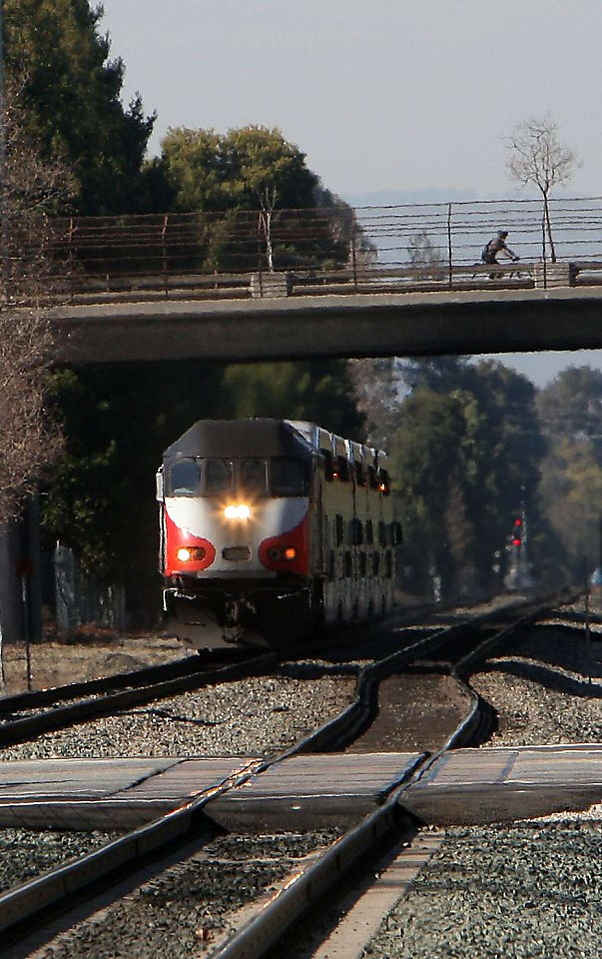 A southbound Caltrain arriving at the station in Mountain View, Calif., on Thursday, February 9, 2012. Caltrain between San Francisco to San Jose is seeing electrified trains as a potential to the commuter rail line.