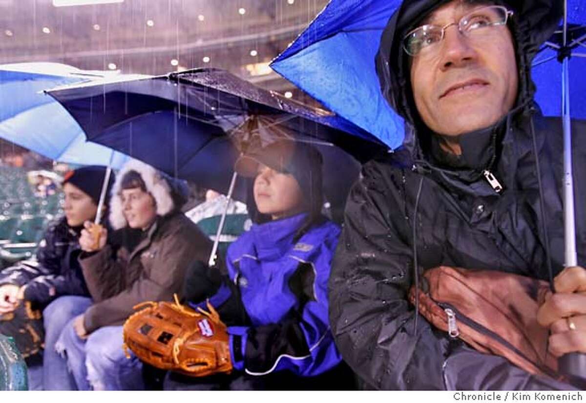 GIANTS31_184_KK.JPG L to R, Michael Perlstein, 14, Corte Madera; Alex Kaplan, 13, San Rafael; Adam Perlstein, 11. Corte Madera and the Perlstein boys' father Rich Perlstein of Corte Madera watch as the rain hits the game. Fan reaction as rain hits the Giants preseason game against the Angels at SBC Park. San Francisco Chronicle photo by Kim Komenich 3/30/06Ran on: 03-31-2006 Barry Bonds walks off after flying out to left in his first at bat as the Giants DH. He walked his other time up.