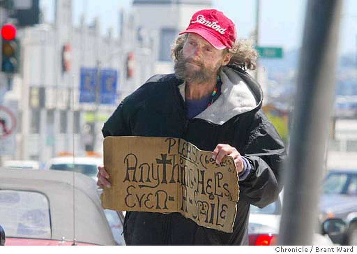 TOMMY. Homeless series. Tommy Rettig panhandled at the corner of South Van Ness and 12th Street in San Francisco. He was a quiet, thoughtful man who died from a skin-eating bacterial infection he waited to long to treat. Tommy panhandles or "signs" on South Van Ness...he was a regular figure to motorists trying to enter the freeway. BRANT WARD / The Chronicle