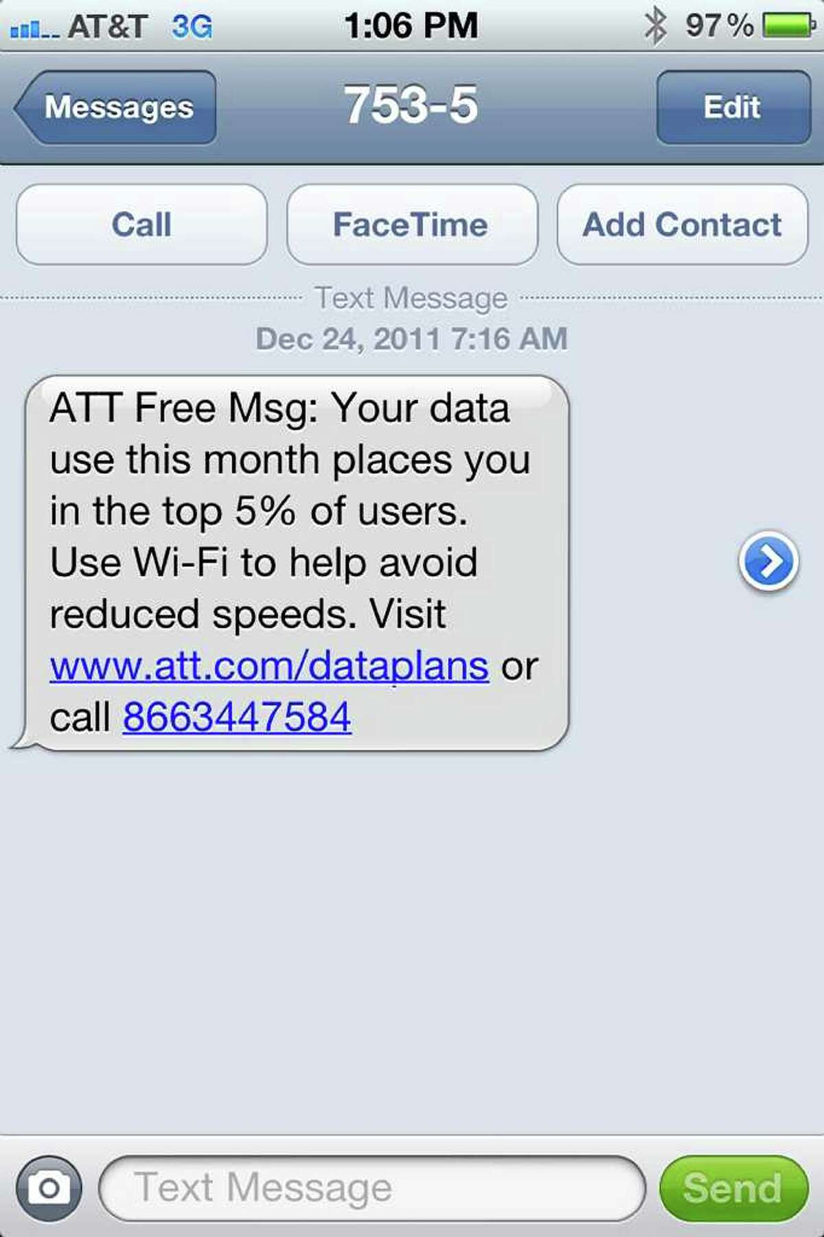 This screen grab shows a warning message on a user's iPhone that he received from AT&T advising he was in danger of having his data speeds throttled.