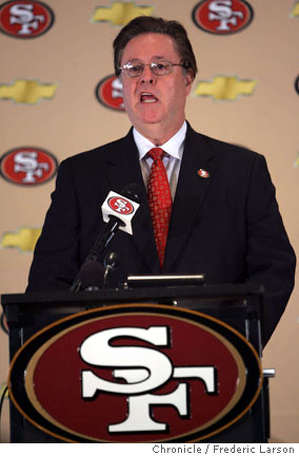 Owner of the 49ers John York stated at a press conference in Santa Clara that The San Francisco 49ers will abandon their namesake city and look to build a stadium in Santa Clara, after concluding that their plan to build a stadium and retail-housing complex at Candlestick Point will not work. The 49ers said Candlestick Point, where the team has played since 1971, cannot support a "new state-of-the-art NFL stadium and adjacent major mixed-use project." The decision to look at Santa Clara -- the team's headquarters and the site of their training facility -- came after "careful deliberation" and a year of study, the team said. "The team came to the conclusion that the (San Francisco) project would not have offered the optimal game day experience it is seeking to create for fans, and has therefore decided not to move forward with the public approval process at Candlestick Point," the 49ers said in a statement. 11/9/06 {Photographed by }