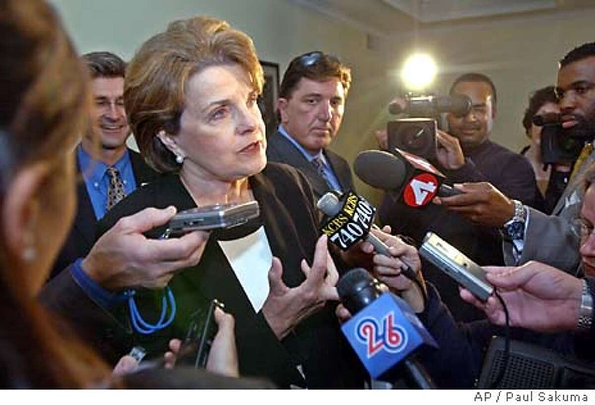 U.S. Sen. Dianne Feinstein, D-Calif., gestures during a news conference in San Jose, Calif., Wednesday, April 14, 2004 before a meeting with Silicon Valley business leaders to discuss the flagging local economy, offshore outsourcing of jobs, tax issues and Internet access programs affecting the technology industry. Feinstein also talked about the latest developments in Iraq, the Sept. 11 Commission hearings and the growing federal deficit. (AP Photo/Paul Sakuma) Sen. Dianne Feinstein said the nation had been misled about the presence of weapons of mass destruction in Iraq: These are very serious things to say, and I dont say them easily, but I believe them to be true. Sen. Dianne Feinstein says the nation was misled about the presence of weapons of mass destruction in Iraq: These are very serious things to say, and I dont say them easily, but I believe them to be true.