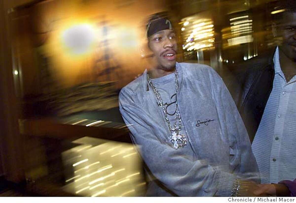 NBA players arrive int The st. Francis Hotel in San Francisco for this weekends Allstar Game in Oakland. NbBA player Allen Iverson of Philadelphia greets friends as he moves through the lobby. by Michael Macor/The Chronicle