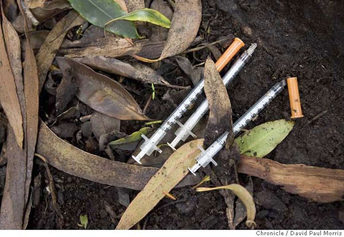SAN FRANCISCO, CA - JULY 24: Used syringes are seen on at the base of a tree in Golden Gate Park on July 24, 2007 San Francisco, California. (Photo by David Paul Morris/ The Chronicle)
