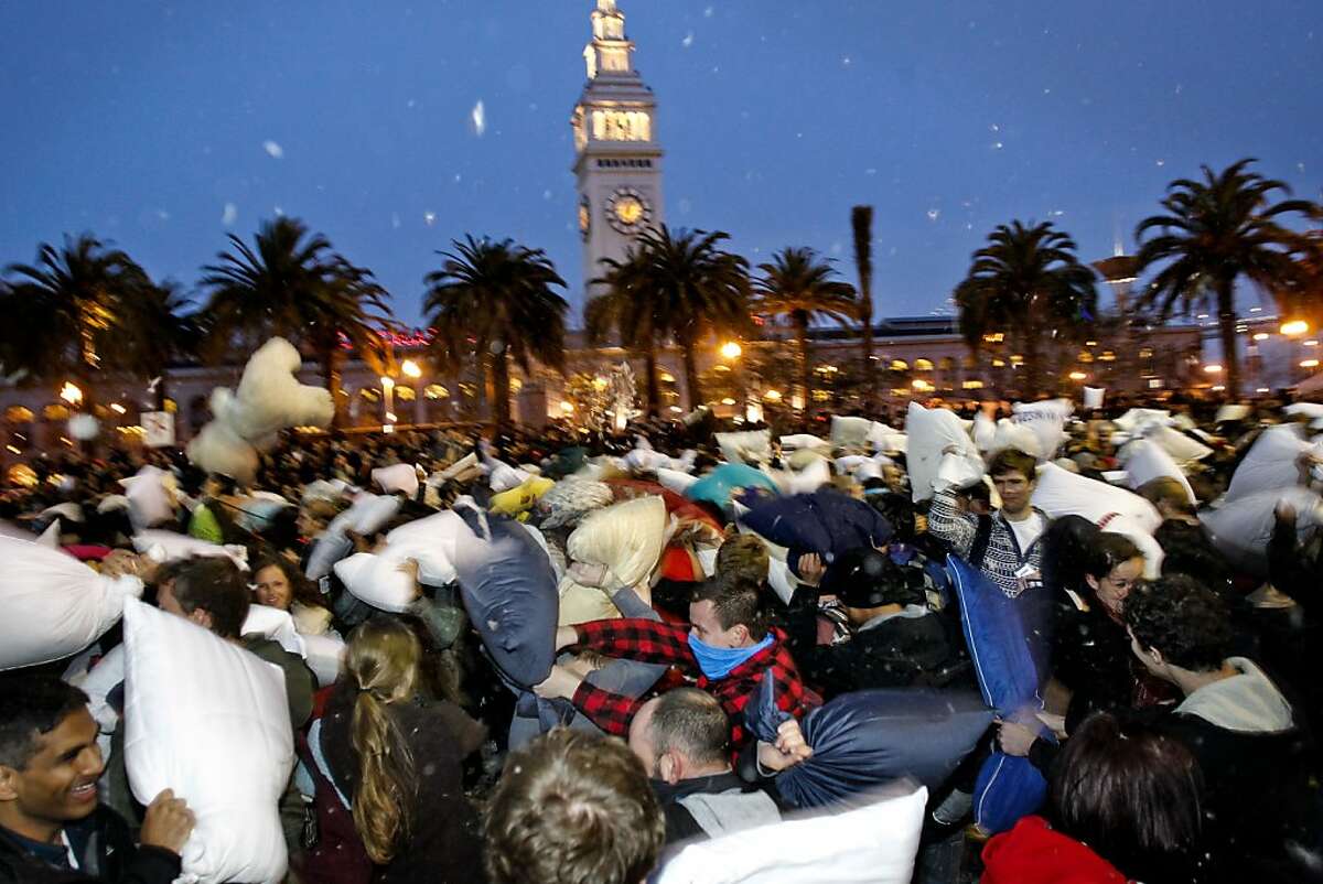The great San Francisco pillow fight, San Francisco.  Take out your aggression at San Francisco's annual pillow fight where close to 1,000 people show up for this epic battle. The event starts at 5:50 p.m. on Valentines Day and will be held in Justin Herman Plaza. Remember to BYOP (Bring your own pillow).