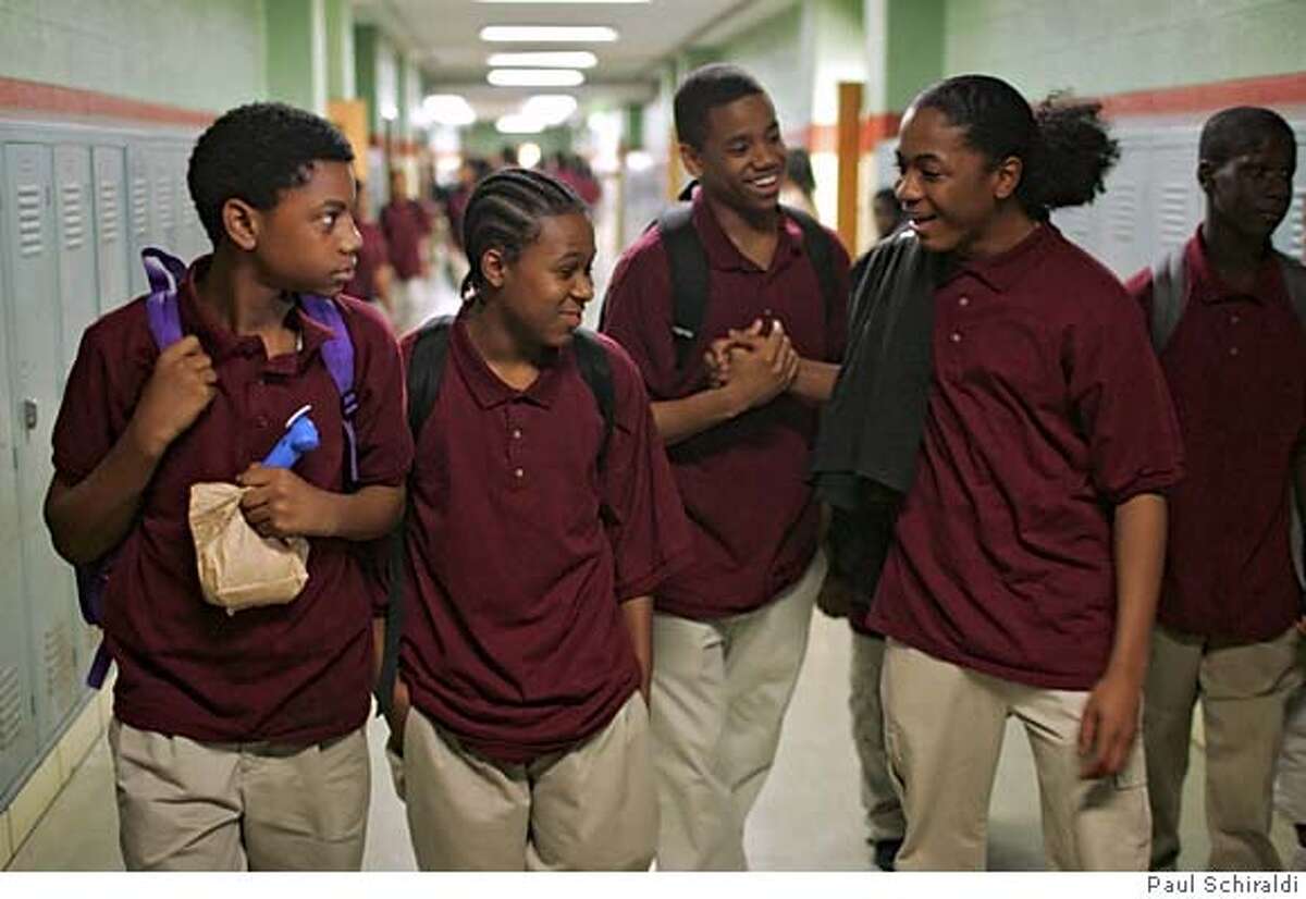 The Wire Episode #403 "Home Rooms" Left to right: Dukie dirty looking on left Randy braids Michael tallest Namond ponytail THE WIRE: Jermaine Crawford, Maestro Harrell, Tristan Wilds, Julito McCullum. photo: Paul Schiraldi