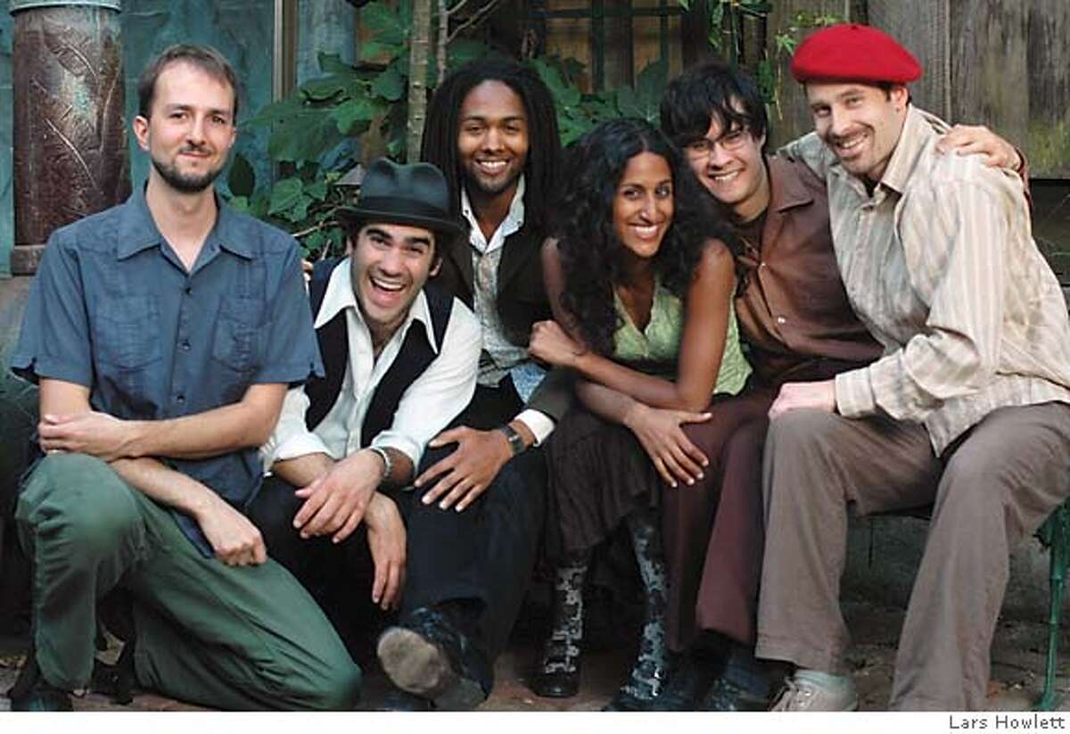 The Fishes: from left to right are eric perney (upright bass), aaron kierbel (percussion), marcus cohen (trumpet), rupa marya (songwriter, vocals, guitar), ed baskerville (cello), adrian jost (accordion). Credit: Lars Howlett