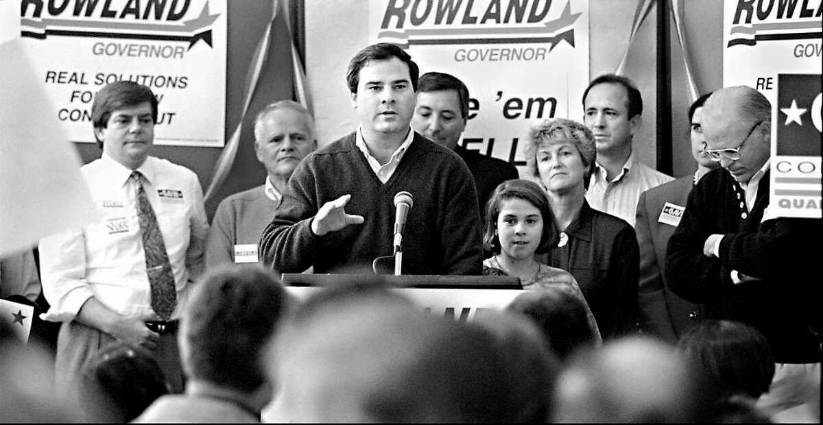 November 6, 1994: Republican candidate for governor John Rowland speaks at a GOP rally in Stamford, along with current Gov. M. Jodi Rell and former U.S. Rep. Christopher Shays, R-4.