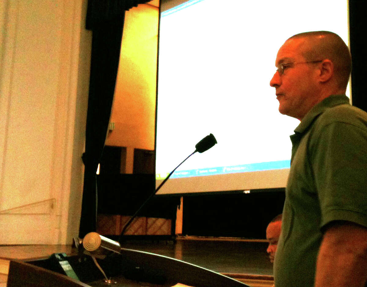 Westport Town Engineer Peter Ratkiewich leads at workshop at Town Hall on the upgraded Geographic Information System available on the town's website.