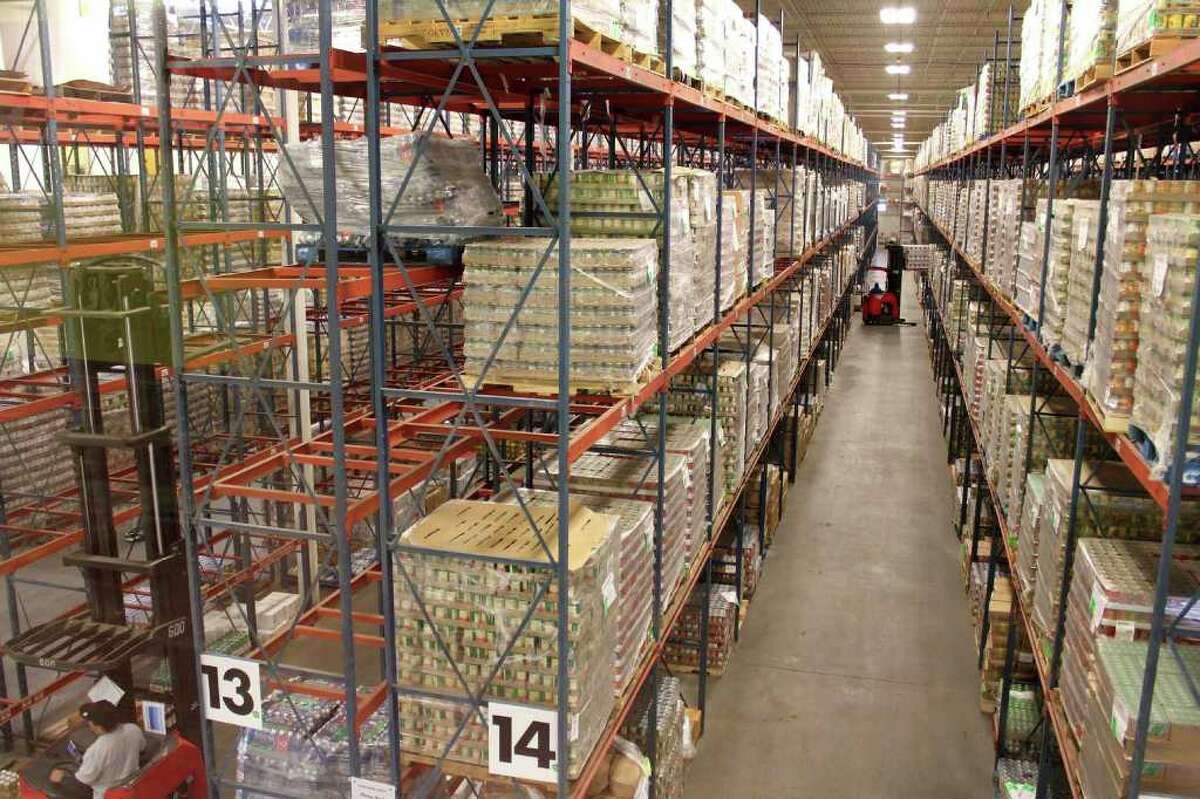 Food stacked in warehouse for the Houston Food Bank.