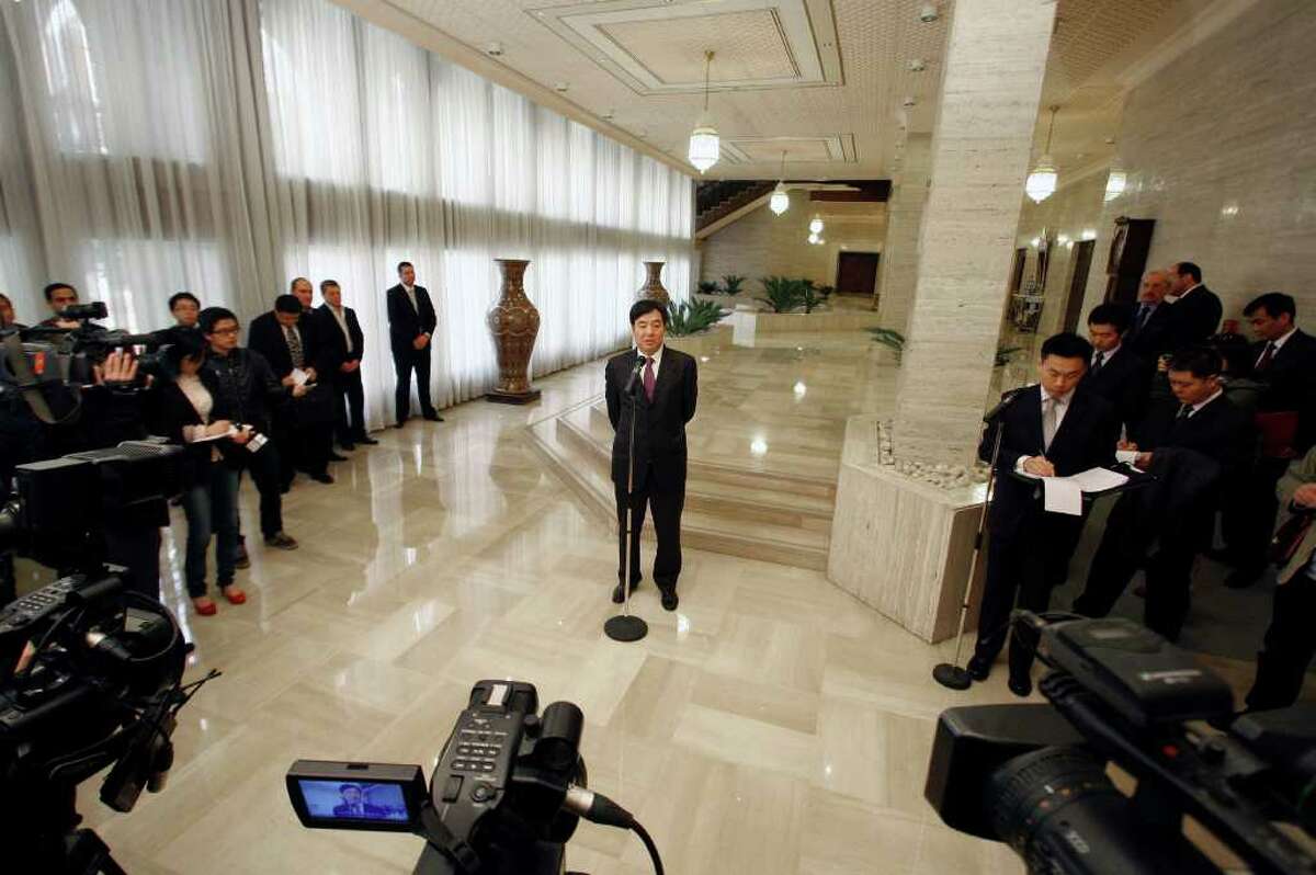 Chinese Vice Foreign Minister Zhai Jun speaks to the media in Damascus, Syria, Saturday, Feb. 18, 2012. Jun said China was "extremely concerned" about the escalation of the crisis in Syria. (AP Photo/Muzaffar Salman)