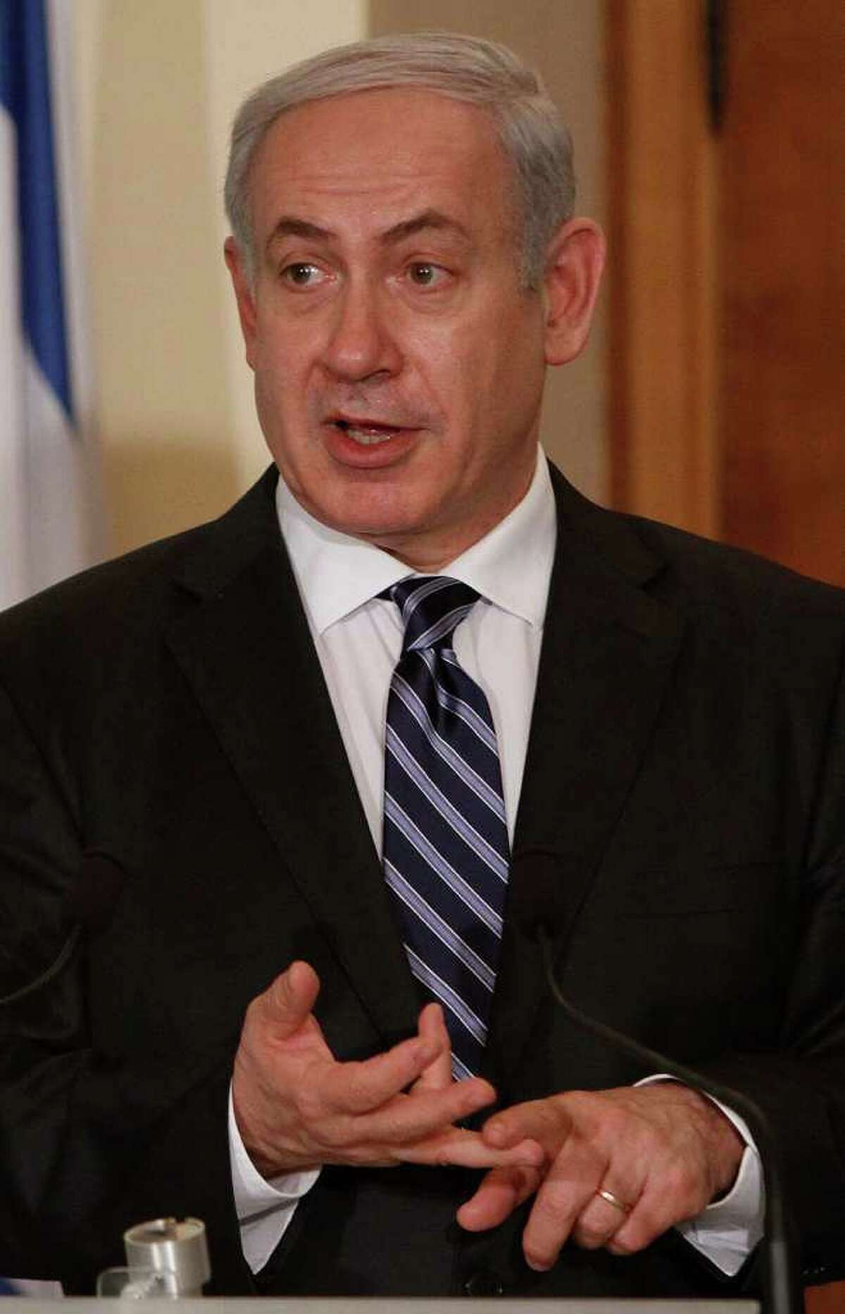 Israeli Prime Minister Benjamin Netanyahu speaks to the media during a press conference after meeting with Cyprus president Dimitris Christofias, at the presidential palace in divided capital Nicosia, Cyprus, Thursday, Feb. 16, 2012. Netanyahu said Thursday that the Iranian president's guided tour of centrifuges at Tehran research reactor on Wednesday was proof that sanctions have not properly crippled Iran's efforts to develop nuclear capabilities.