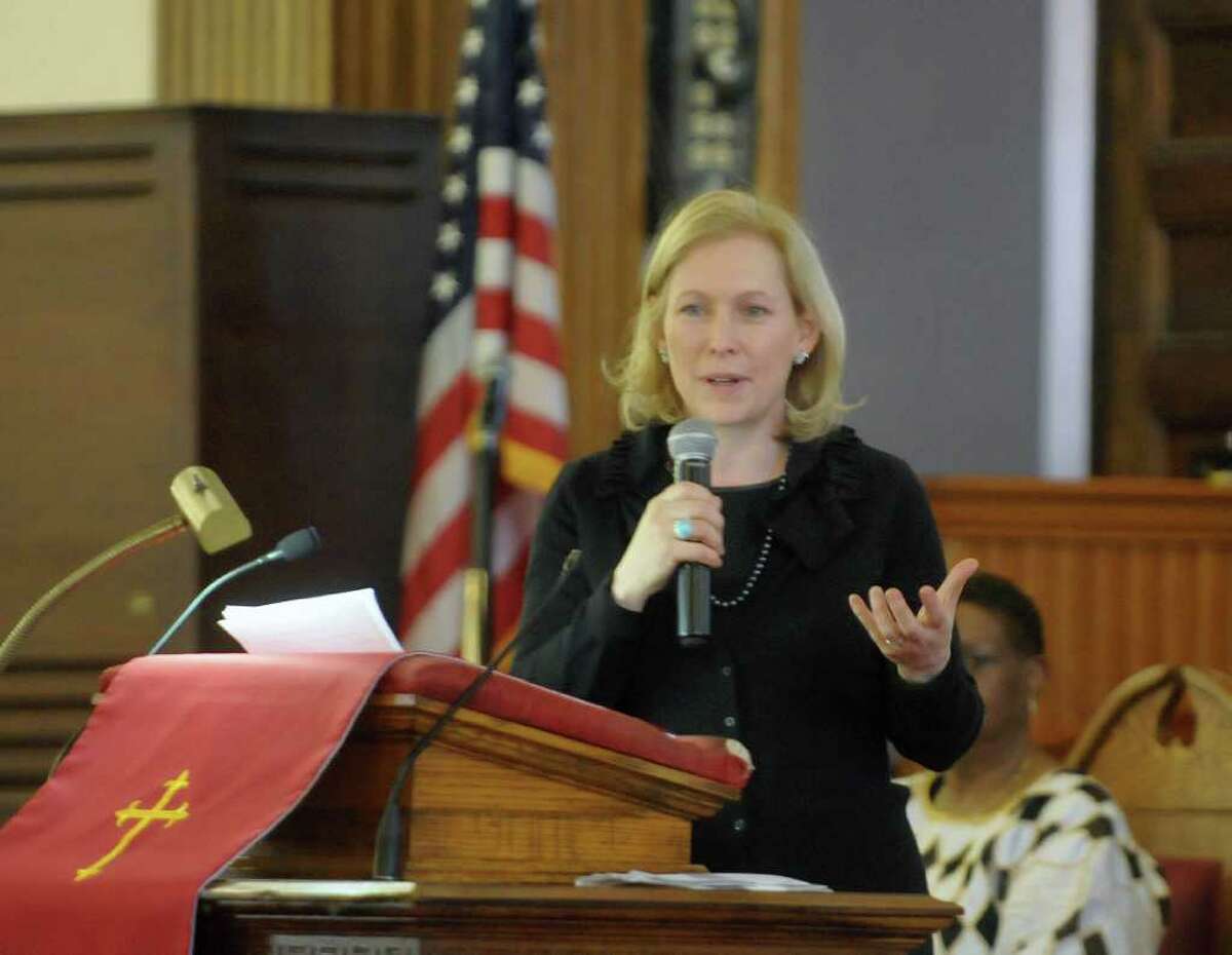 U.S. Senator Kirsten Gillibrand addresses those gathered during service at Wilborn Temple First Church of God in Christ on Sunday, Feb. 19, 2012 in Albany, NY. The service was part of The New York State Association of Black and Puerto Rican Legislators, Inc. weekend. (Paul Buckowski / Times Union)