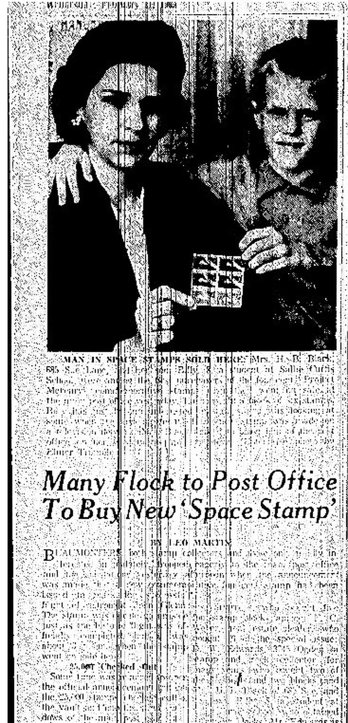 A young Bill Black and his mother Inge Black in a 1962 copy of the Beaumont Enterprise. The two were photogrpahed while purchasing the 4-cent Project Mercury postage stamp at Beaumont's main Post Office. Enterprise file photo