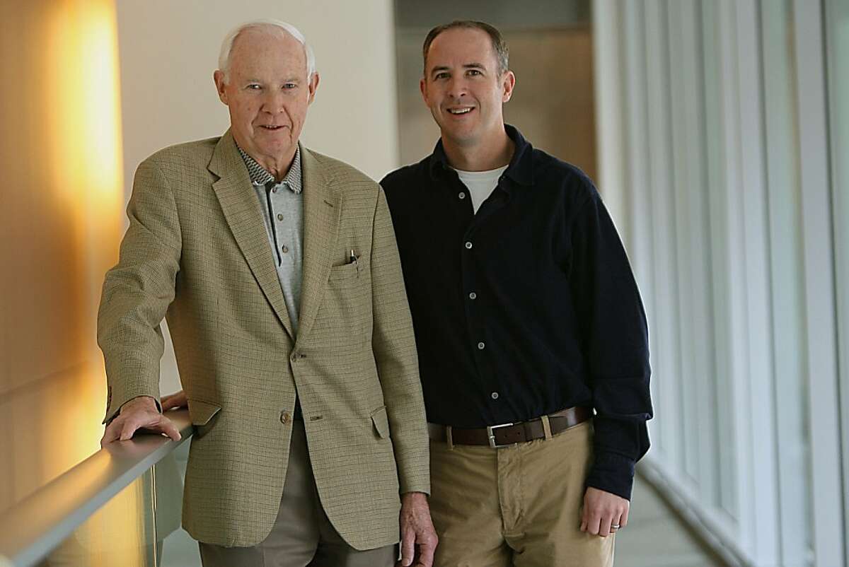 Dr. Joseph Muchowski (left) and his son Dr. Paul Muchowski (right) discovered a compound that could be used to slow down the progression of Alzheimer's at Gladstone Institutes in San Francisco, Calif., as they talk about their progress on Monday, February 13, 2011.