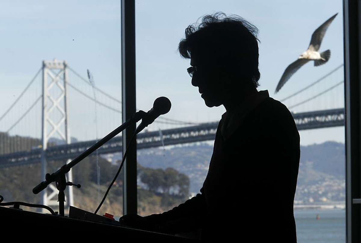 Senator Boxer spoke before a large picture window at the Port Commission with the Bay Bridge and an occasional gull going by. California Senator Barbara Boxer held a press conference about new legislation and politics at the Ferry Building in San Francisco, Calif. Thursday February 23, 2012.