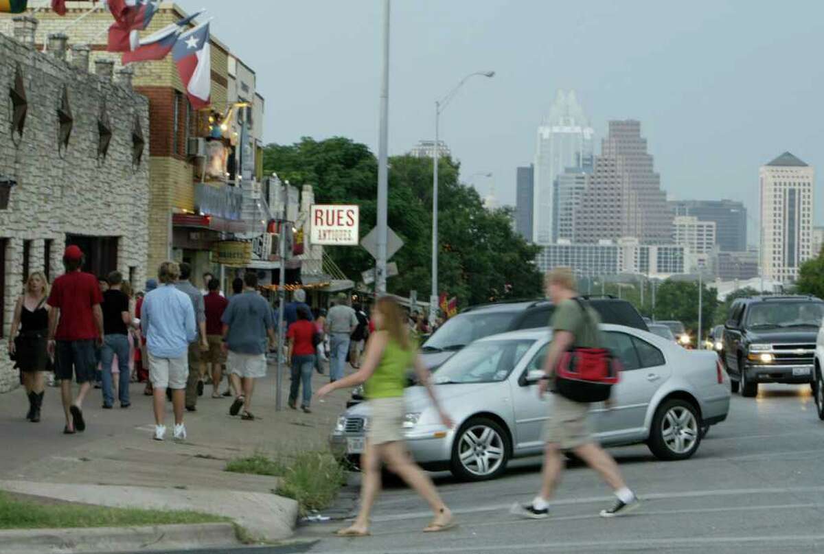 A street not just for cars: Angled parking and wide sidewalks on Austin's South Congress Ave.